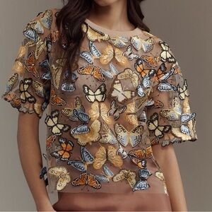 Anthropologie Butterfly Embroidered Short Sleeve Top